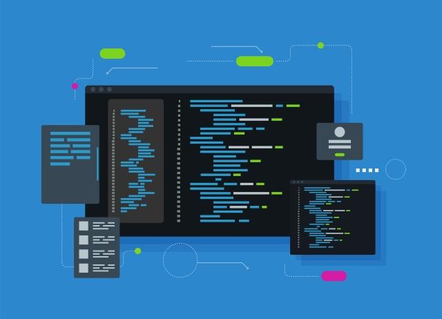 A flat-style illustration of multiple dark-themed code editor windows displaying syntax-highlighted code in blue, green, and white, surrounded by UI elements and connected by dotted lines on a bright blue background
