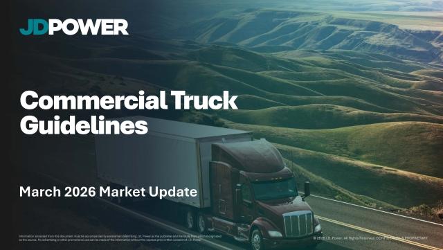 “JD Power Commercial Truck Guidelines – March 2026 Market Update cover slide featuring a semi-truck driving through a scenic mountainous landscape