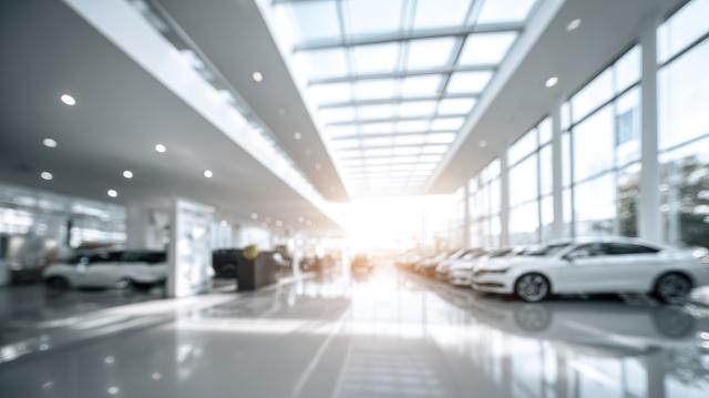 Blurred interior of a modern car dealership showroom with vehicles on display.