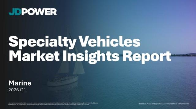 Cover page of the JD Power Specialty Vehicles Market Insights Report for the Marine segment, dated 2026 Q1. The background features a serene aerial photograph of two sailboats on a calm, blue-teal body of water near a shoreline. The JD Power logo appears in teal and white in the upper left corner. Large bold white text reads “Specialty Vehicles Market Insights Report,” with “Marine” and “2026 Q1” displayed in the lower left.