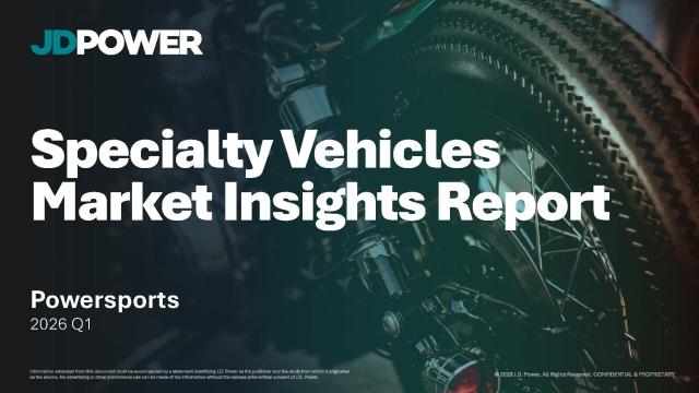 Cover page of the JD Power Specialty Vehicles Market Insights Report for the Powersports segment, dated 2026 Q1. The background features a dark, moody close-up photograph of a motorcycle wheel and chrome engine components, accented with a teal color grade