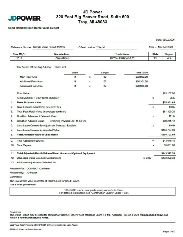 MH CONNECT for Used Homes Value Report